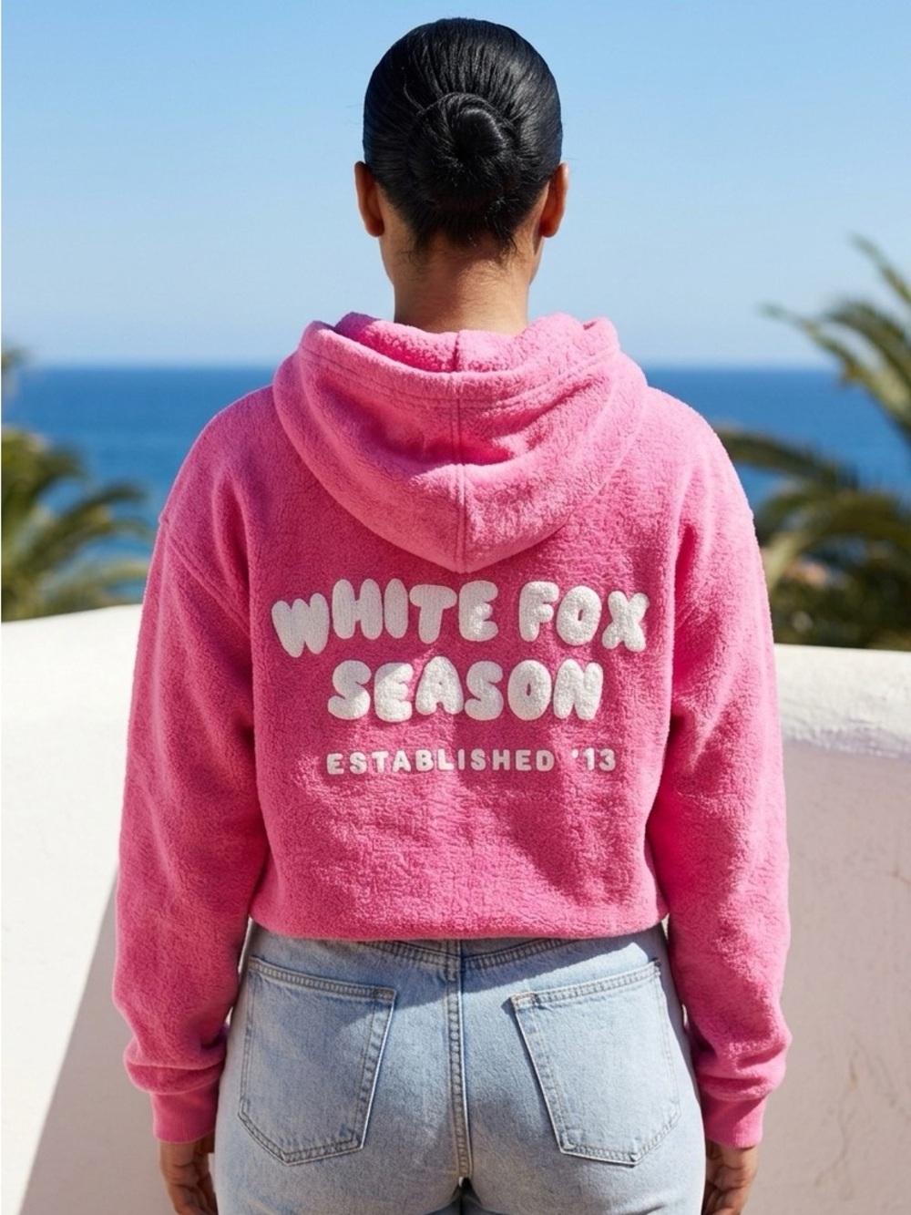 EUC White Fox Women’s Pink Oversized Hoodie Puff Graphic on Back - Size M/L